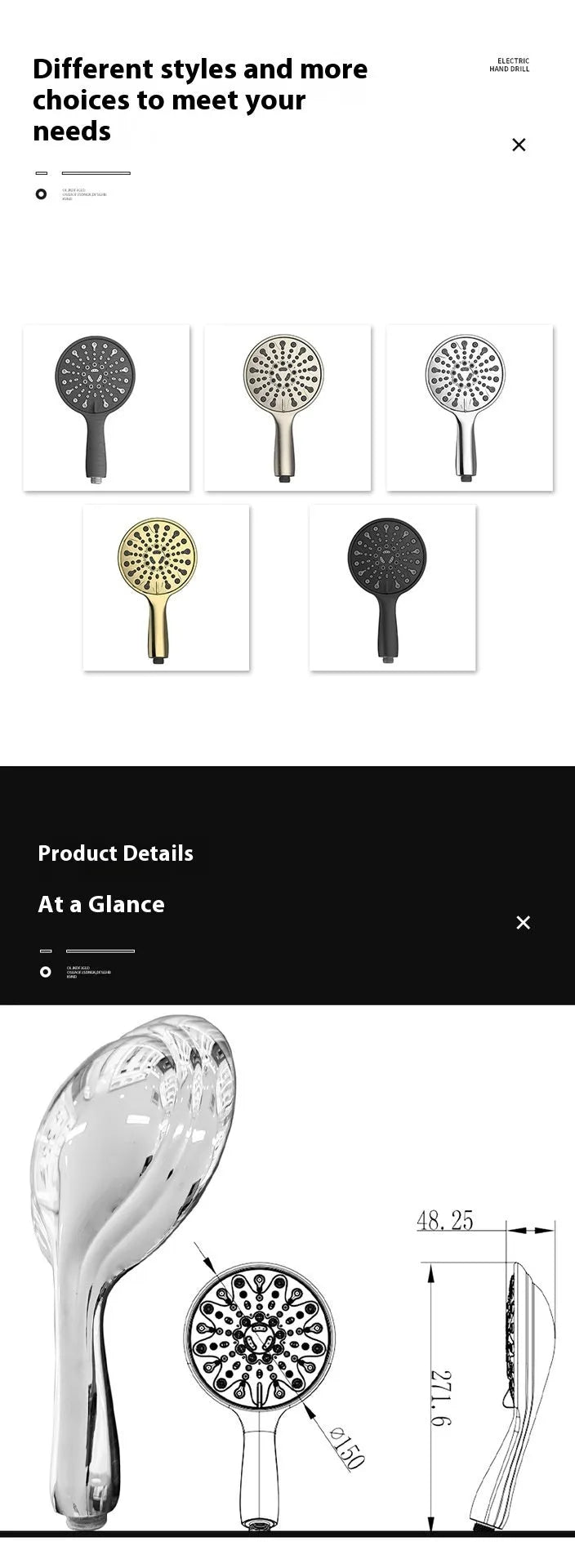 Portable handheld shower head with electroplated finish showing six spray function settings