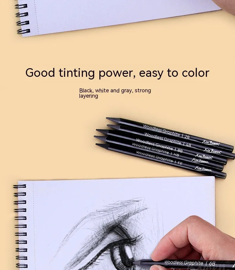 Set of six wood-free graphite sketching pencils with grades HB 2B 4B 6B 8B EE for art drawing