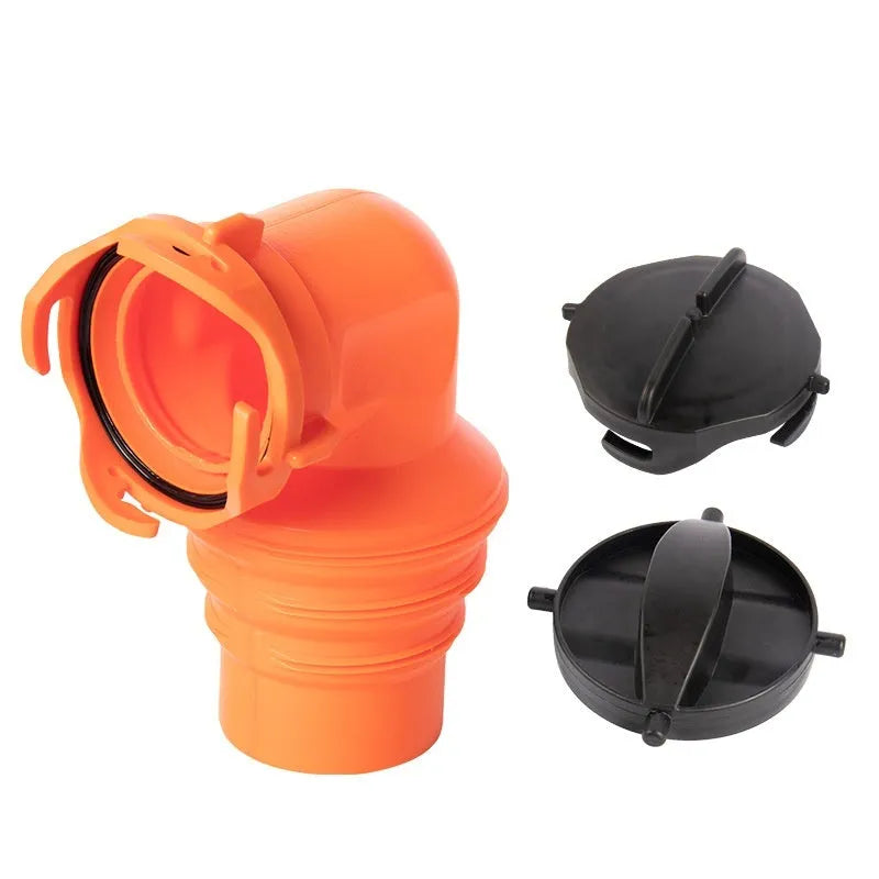 Brown 90-degree rotary elbow joint for sewage hose connected to a long polypropylene pipe.