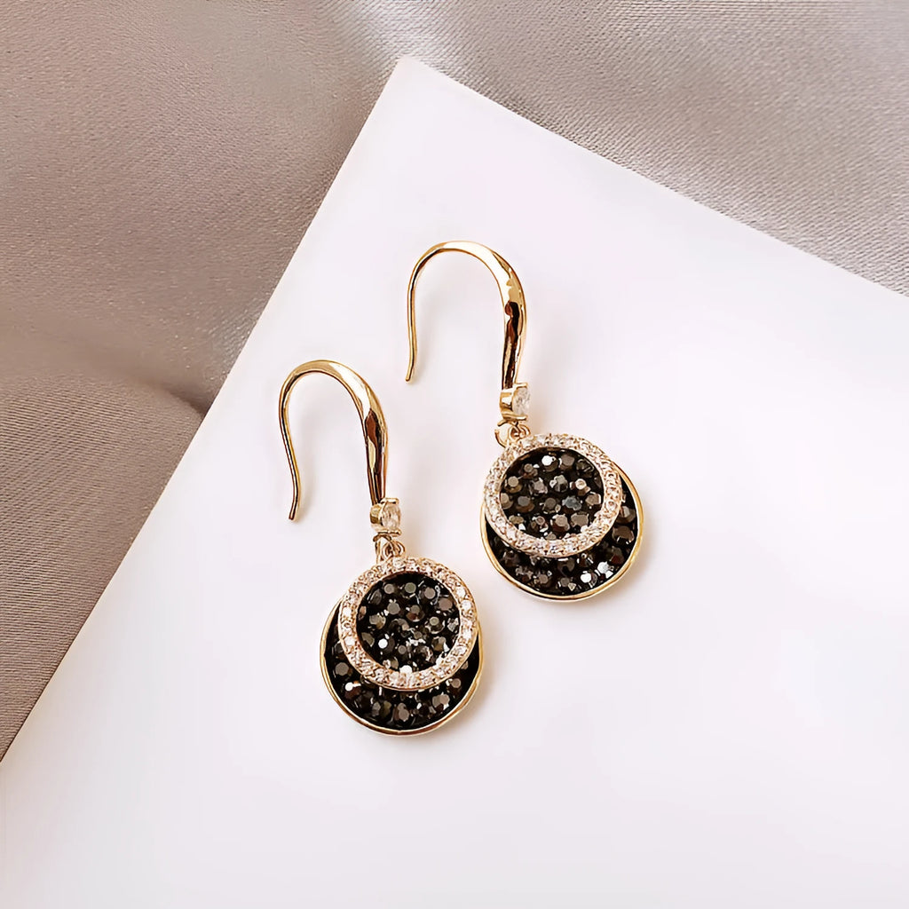 Black geometric circular alloy earrings with 3.6cm length and retro Hong Kong style design