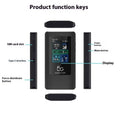 Black portable 5G Wi-Fi router with LCD display showing signal strength and battery level.