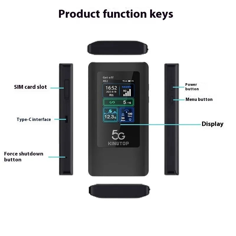 Black portable 5G Wi-Fi router with LCD display showing signal strength and battery level.