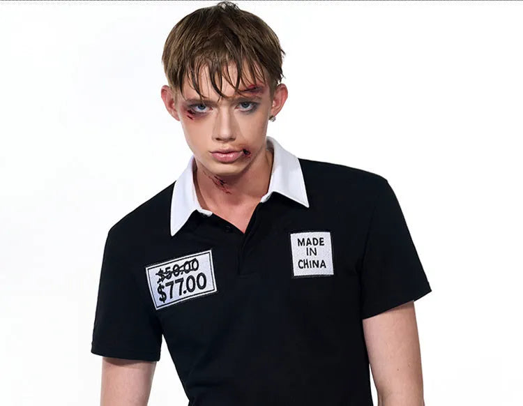 Men's slim fit short sleeve polo shirt with embroidery hat detail, black, summer casual top, sizes M L XL.