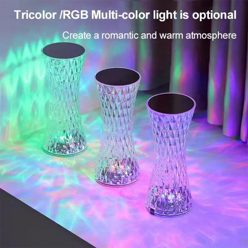 Crystal vase table lamp with remote control measuring 19cm tall on wooden bedside table