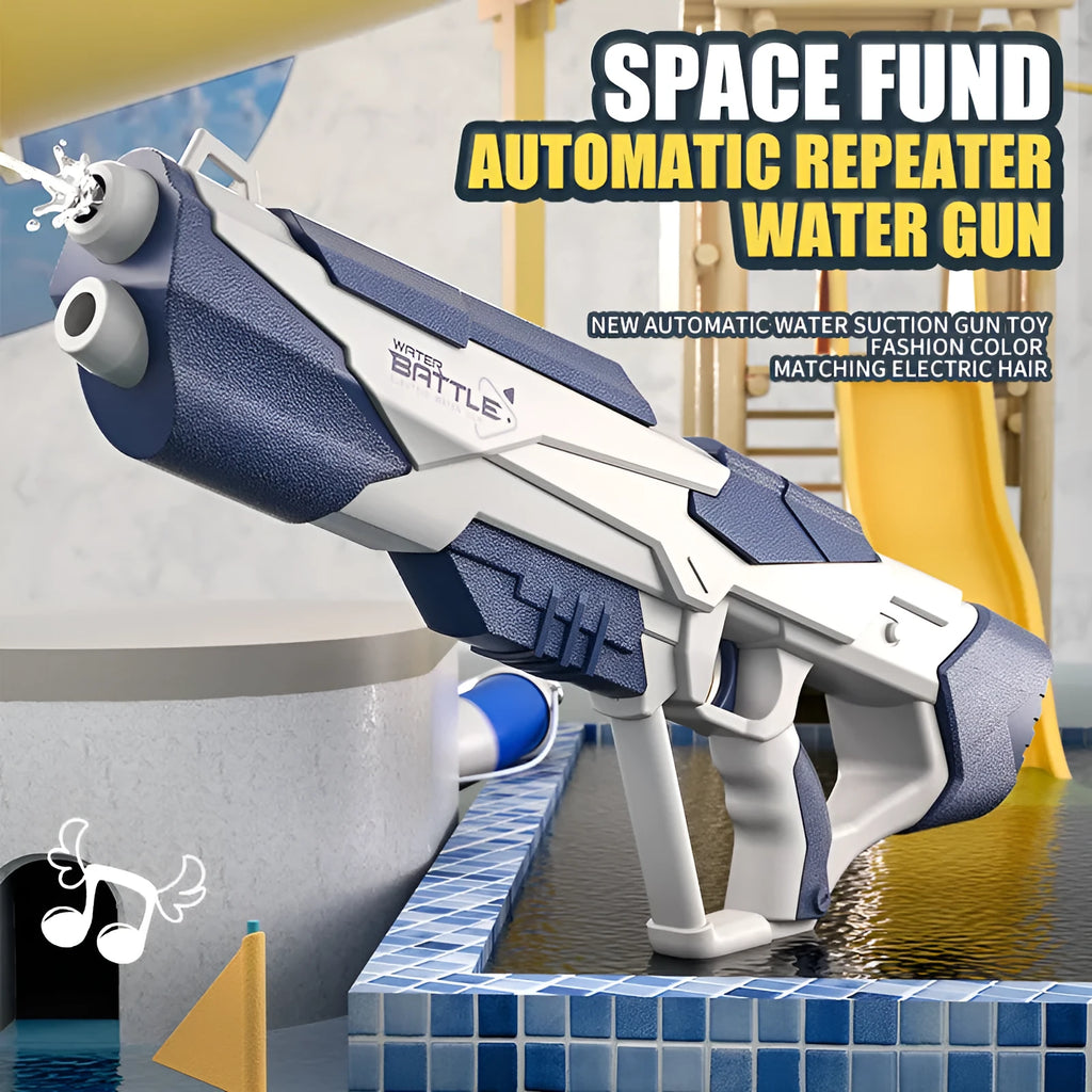 Blue and pink Space Water Gun electric toy with USB charging cable on a blue background.