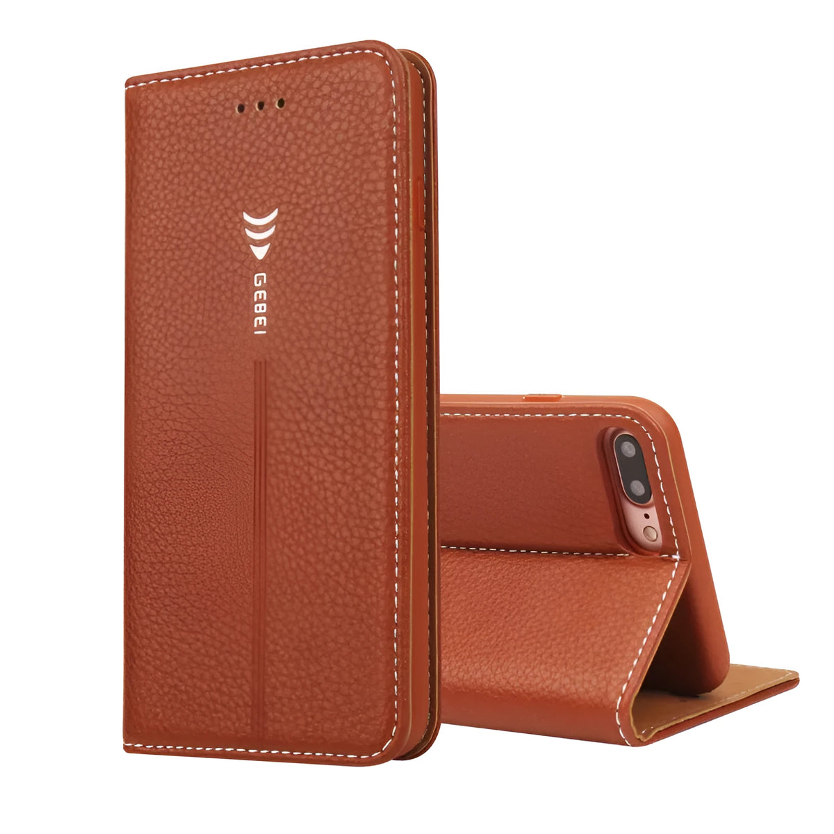 Black PU leather wallet phone case for iPhone showing card slots and kickstand deployed