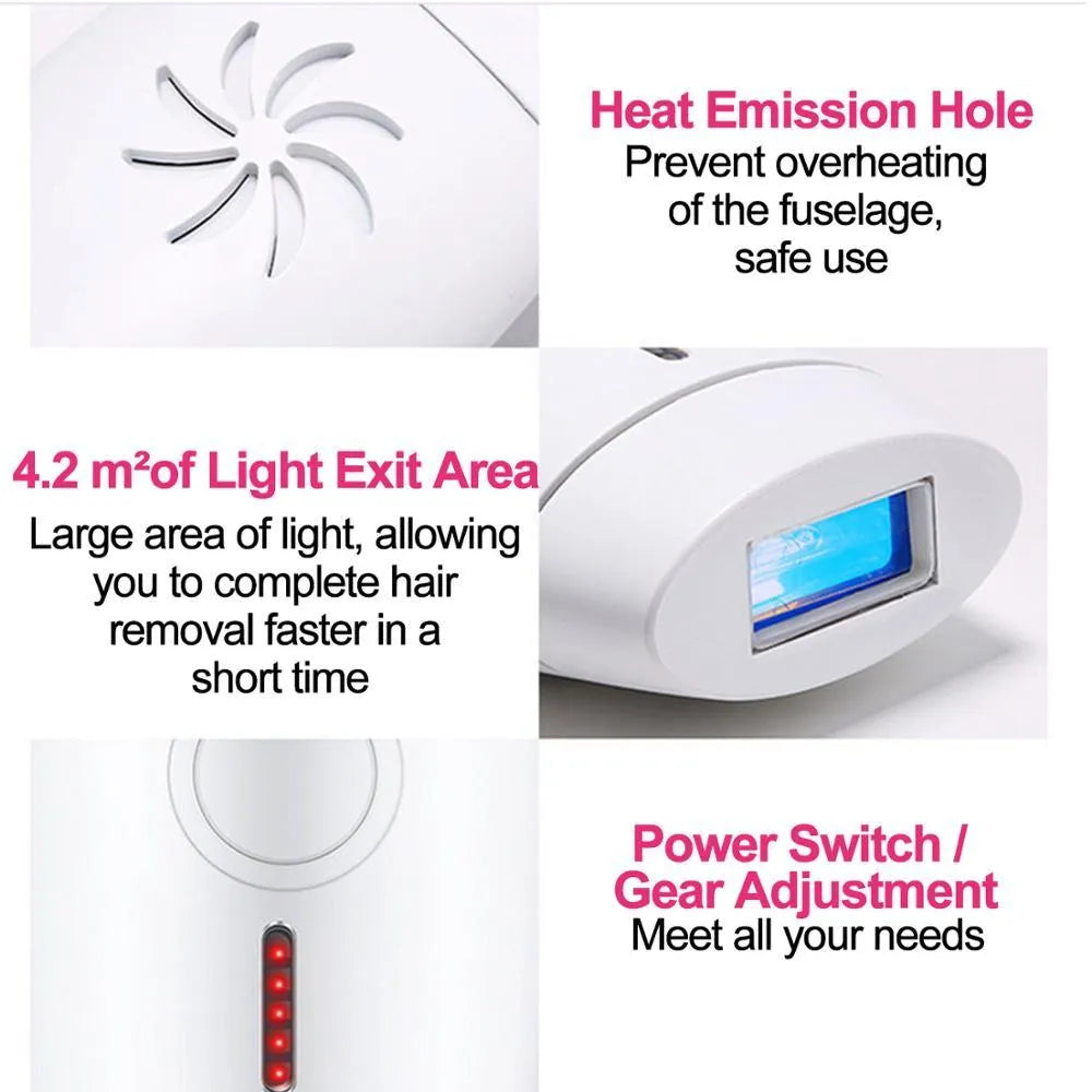 White home laser hair removal device with digital display, shown with international plug adapters.