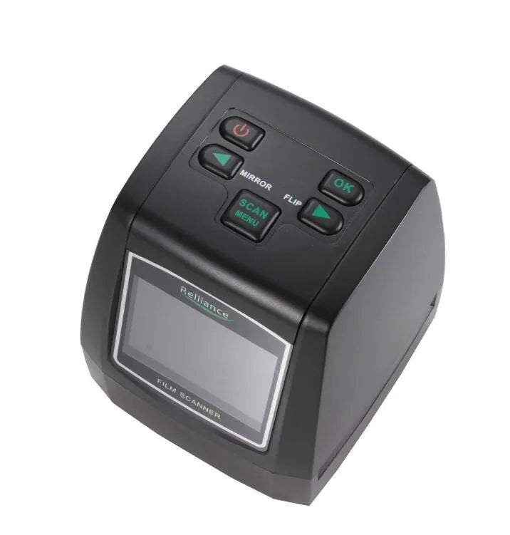 High-resolution film negative and slide scanner with colour LCD screen on a desk