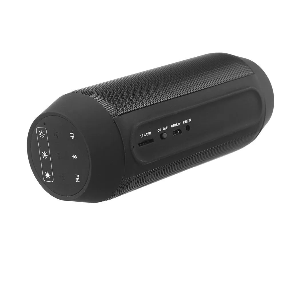 Mini black Bluetooth stereo speaker with colourful RGB lights displaying on front panel