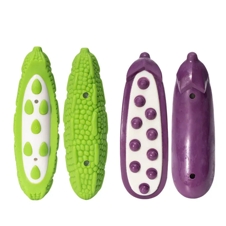 Green and purple TPE dog chew toys in large and small sizes with meat scent