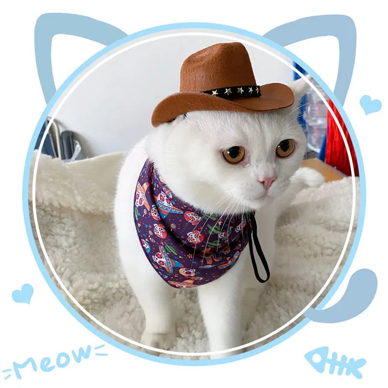 XINGX brown and black British-style cowboy hat for cats on a mannequin head.
