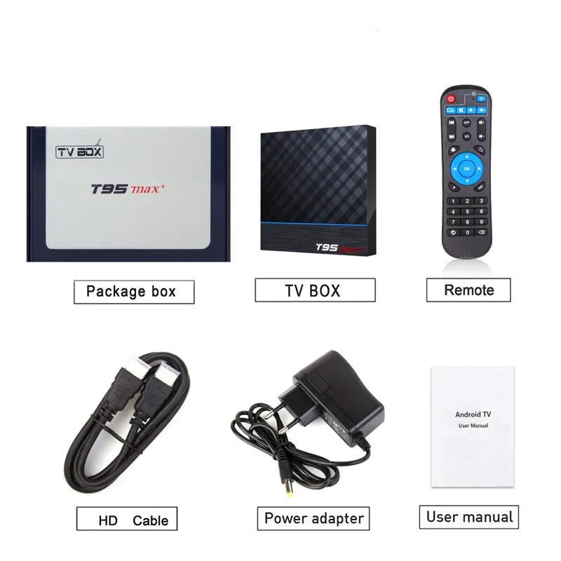 Black T95 Max Plus Android TV box unit with remote control, showing EU, UK, and US power plug options