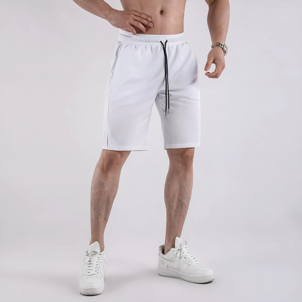 Men's black quick-drying mesh shorts with elastic waistband and loose casual fit