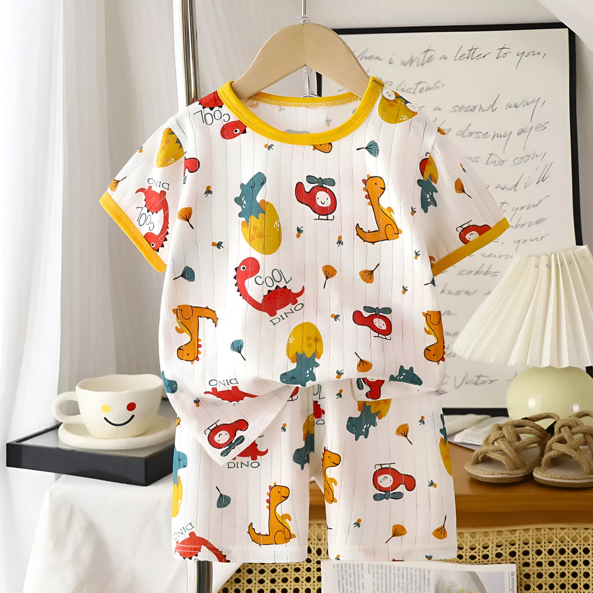 Children's cotton short sleeve and shorts set with airplane dinosaur print, sizes 73cm to 130cm