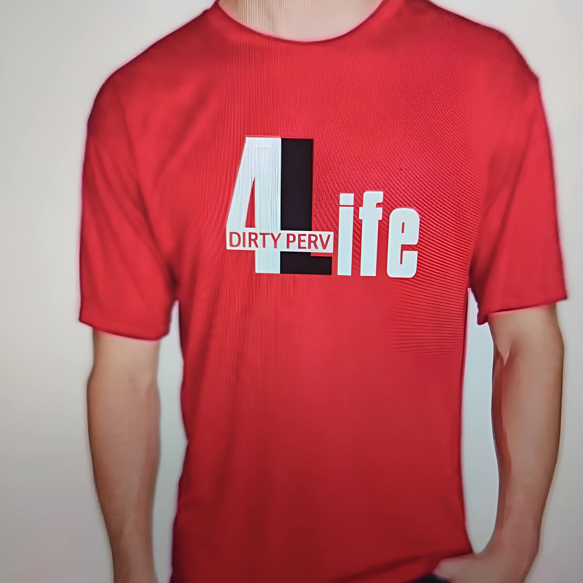 Red men's cotton t-shirt with round neck and short sleeves on size chart background
