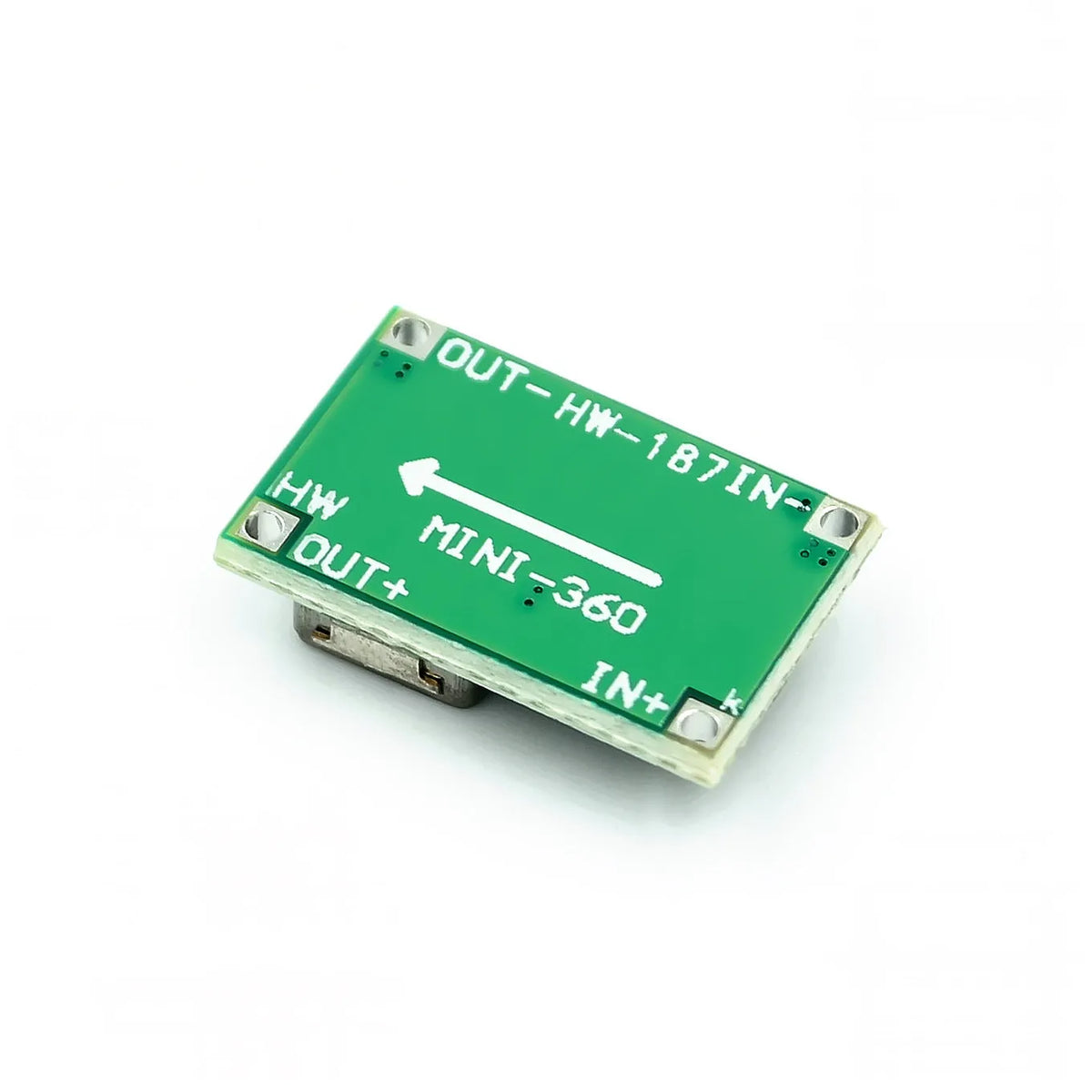 Mini-360 green DC-DC buck converter module measuring 17x11mm with synchronous rectification