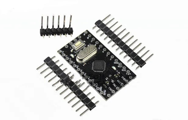 Mini Pro microcontroller circuit board with Atmega328P chip, pin headers, and 33.3mm size