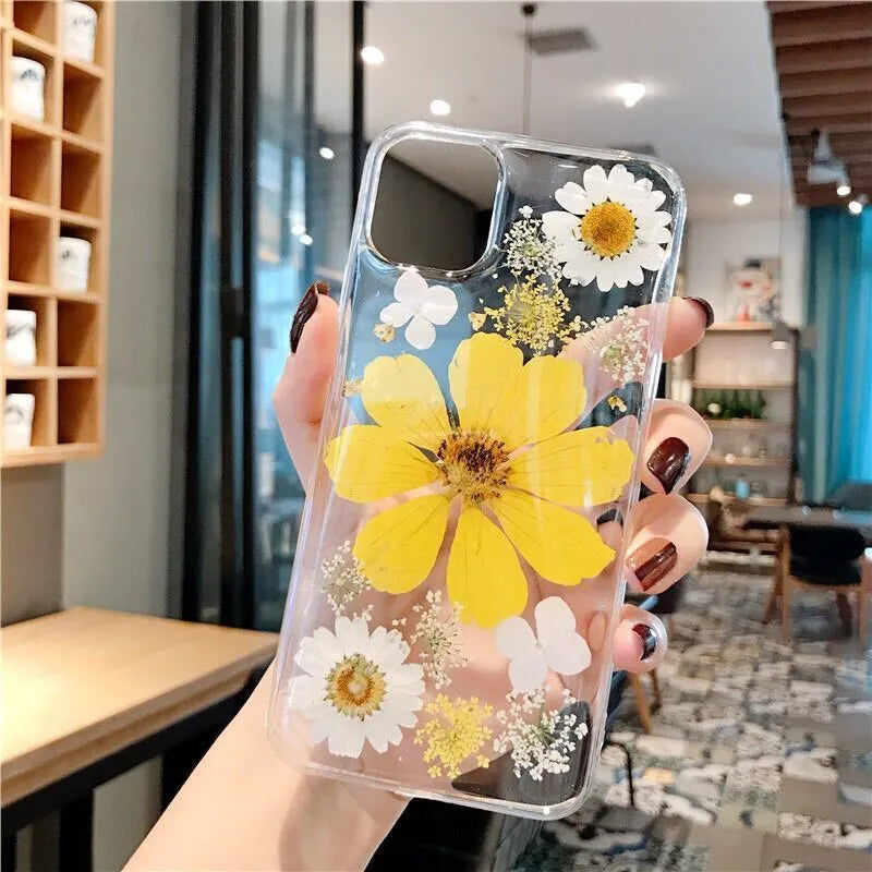 Flower pattern iPhone case in pink or yellow colours with floral design on TPU back cover