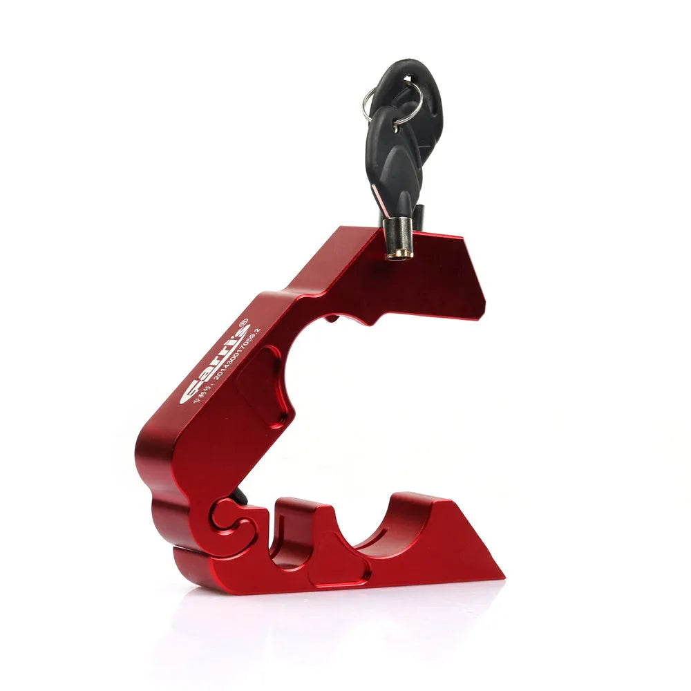 Motorcycle handlebar lock in CNC aluminium alloy, 14.7 cm long, shown in black with two wrenches