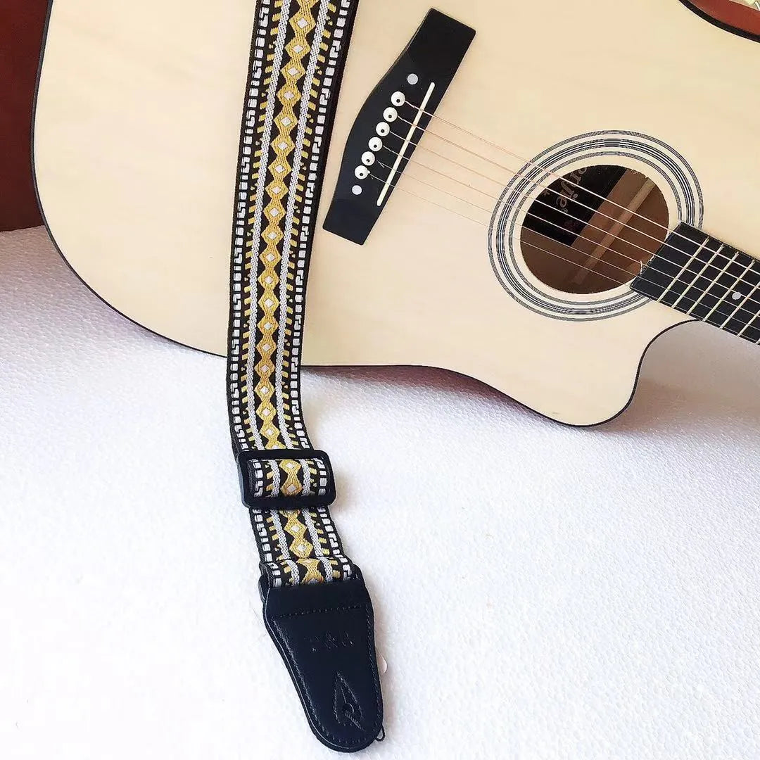 Adjustable embroidered guitar strap with thick webbing, 5cm width, 135-150cm length, six style options