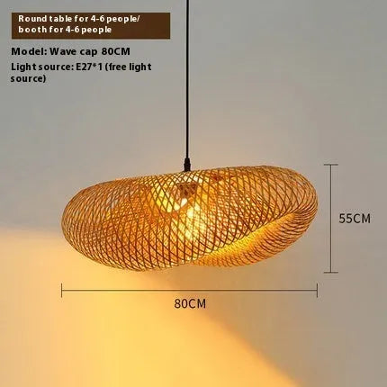 Natural bamboo straw hat shaped hanging chandelier ceiling light on white background.