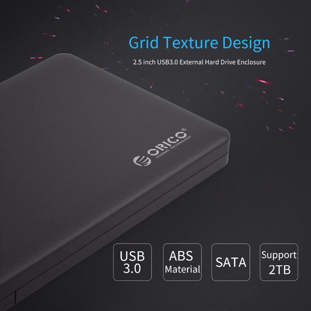 ORICO 2577U3 black ABS 2.5 inch SATA HDD SSD enclosure with USB 3.0 Micro B and SATA 3.0, 126.5 x 80 x 15mm