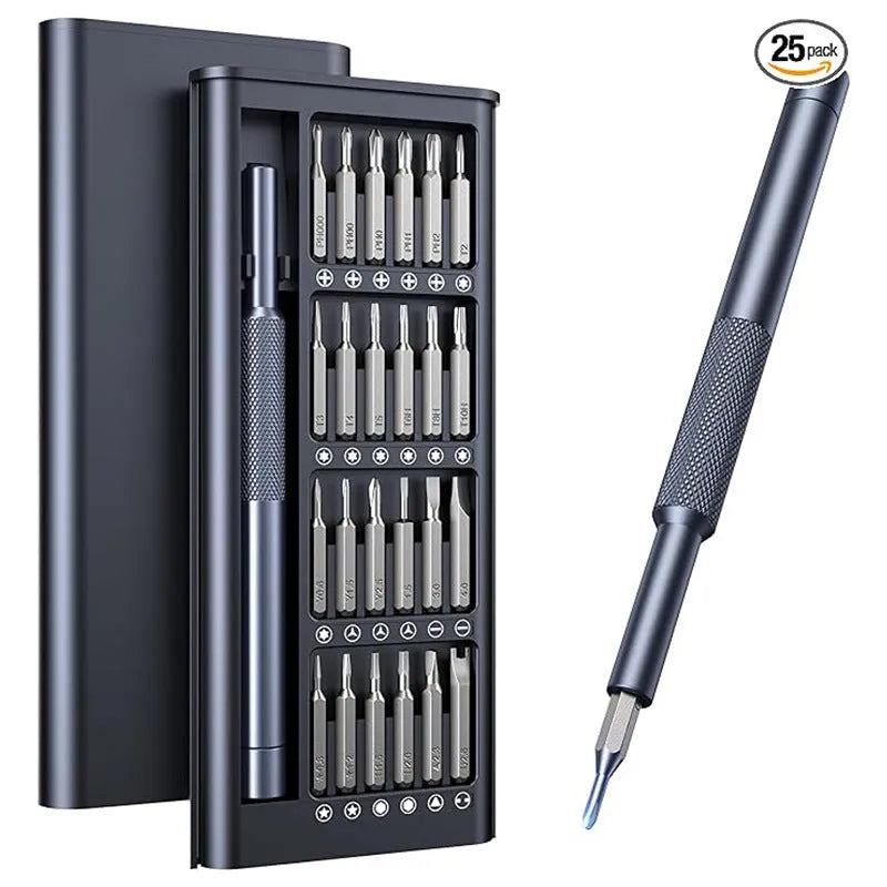25-in-one magnetic screwdriver set with knurled ABS handle and chrome vanadium steel shaft.