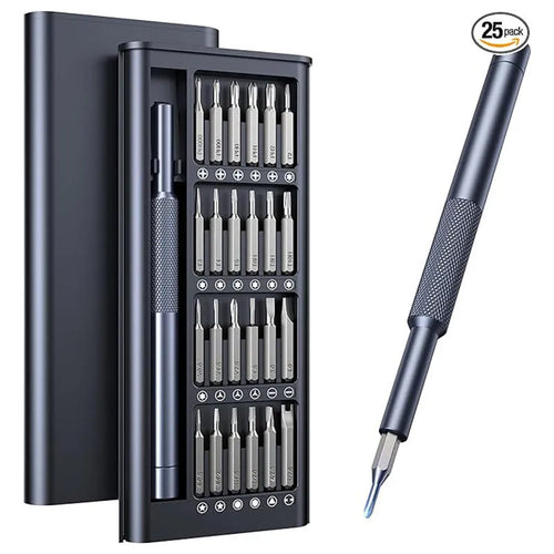 25-in-one magnetic screwdriver set with knurled ABS handle and chrome vanadium steel shaft.