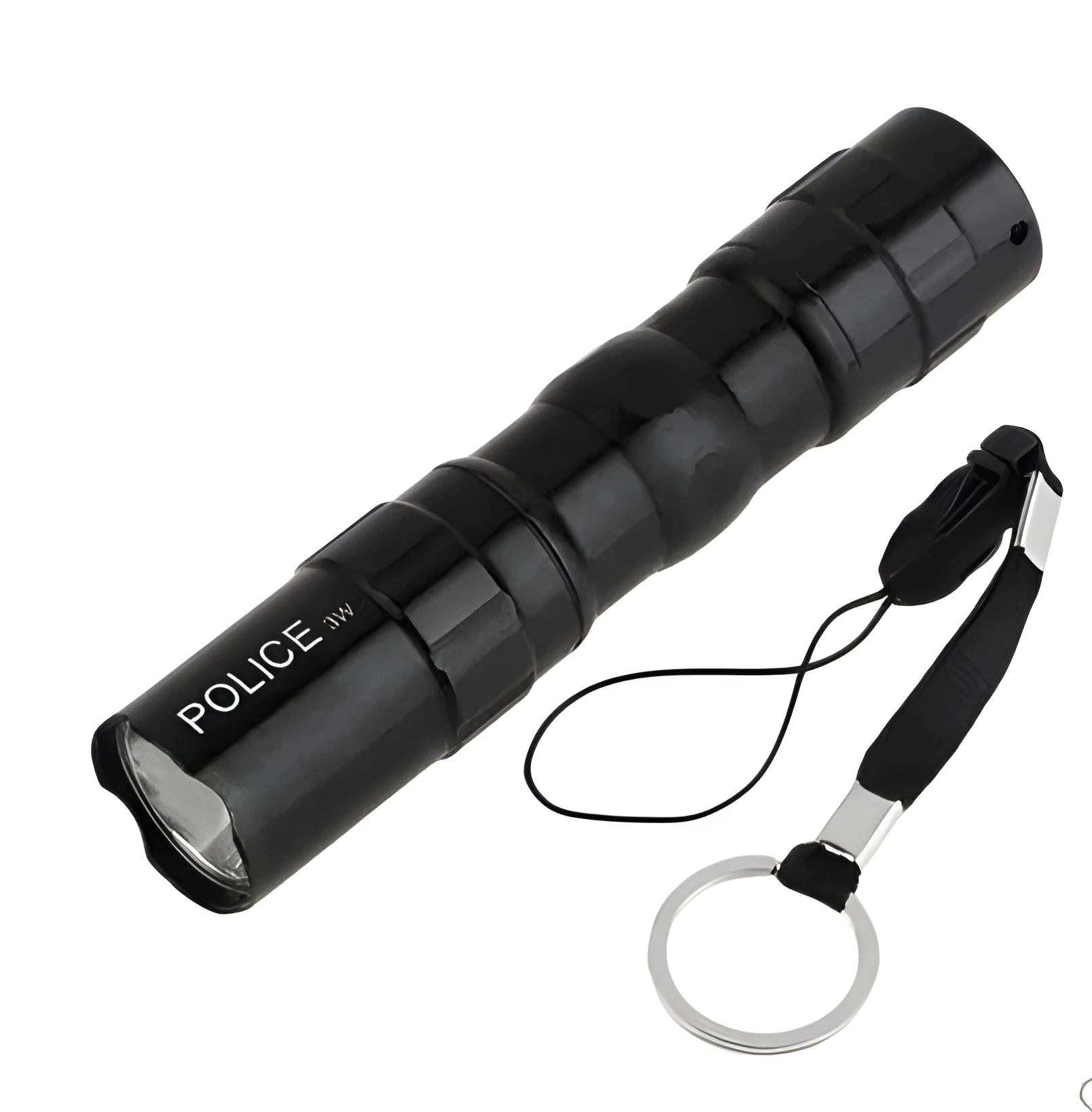 Small black aluminium LED flashlight showing compact size next to a AA battery for scale.