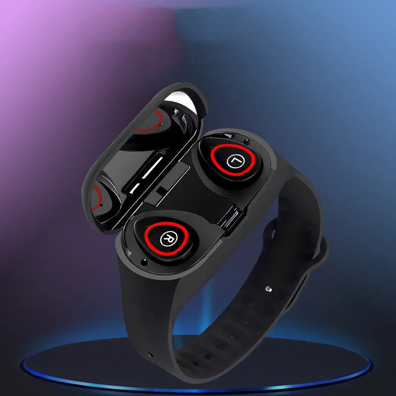 Black smart bracelet earphone combo with 1 inch screen and silicone wristband on a wrist