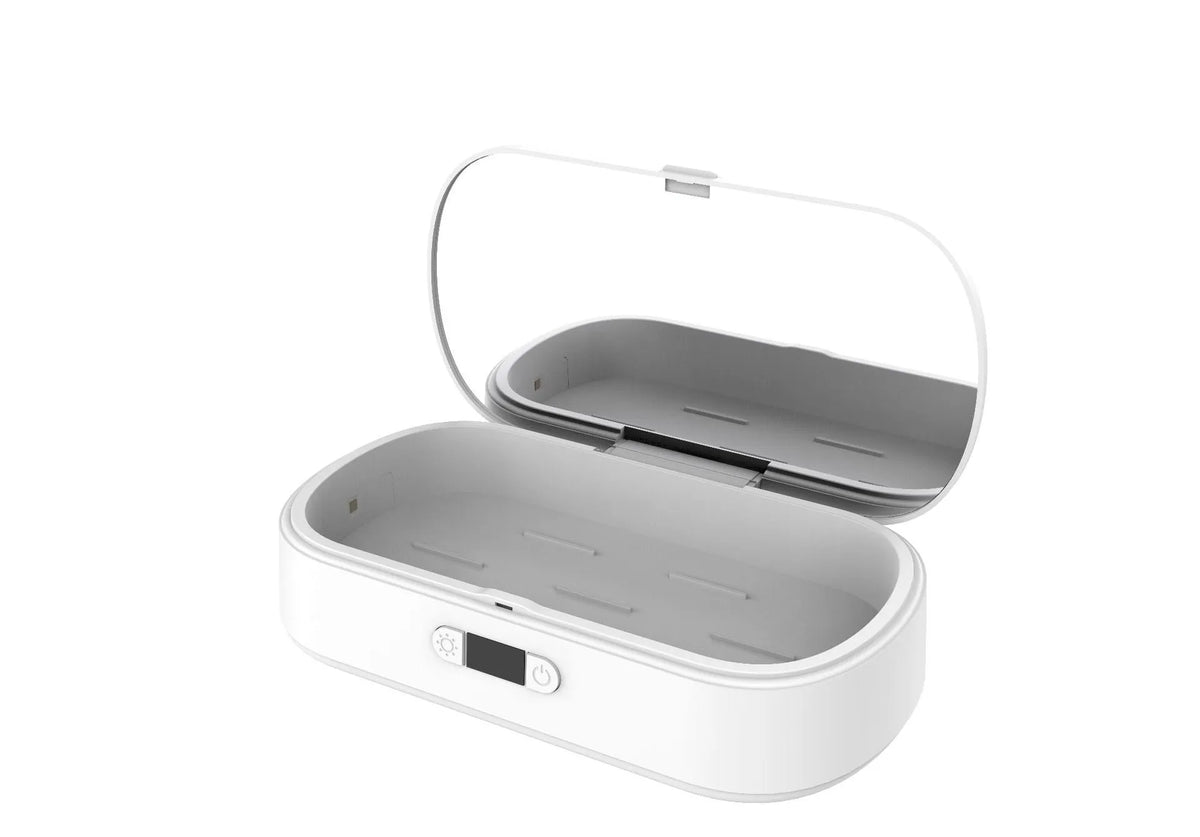 White ABS wireless sterilizer box with UV light for disinfecting phones and jewelry