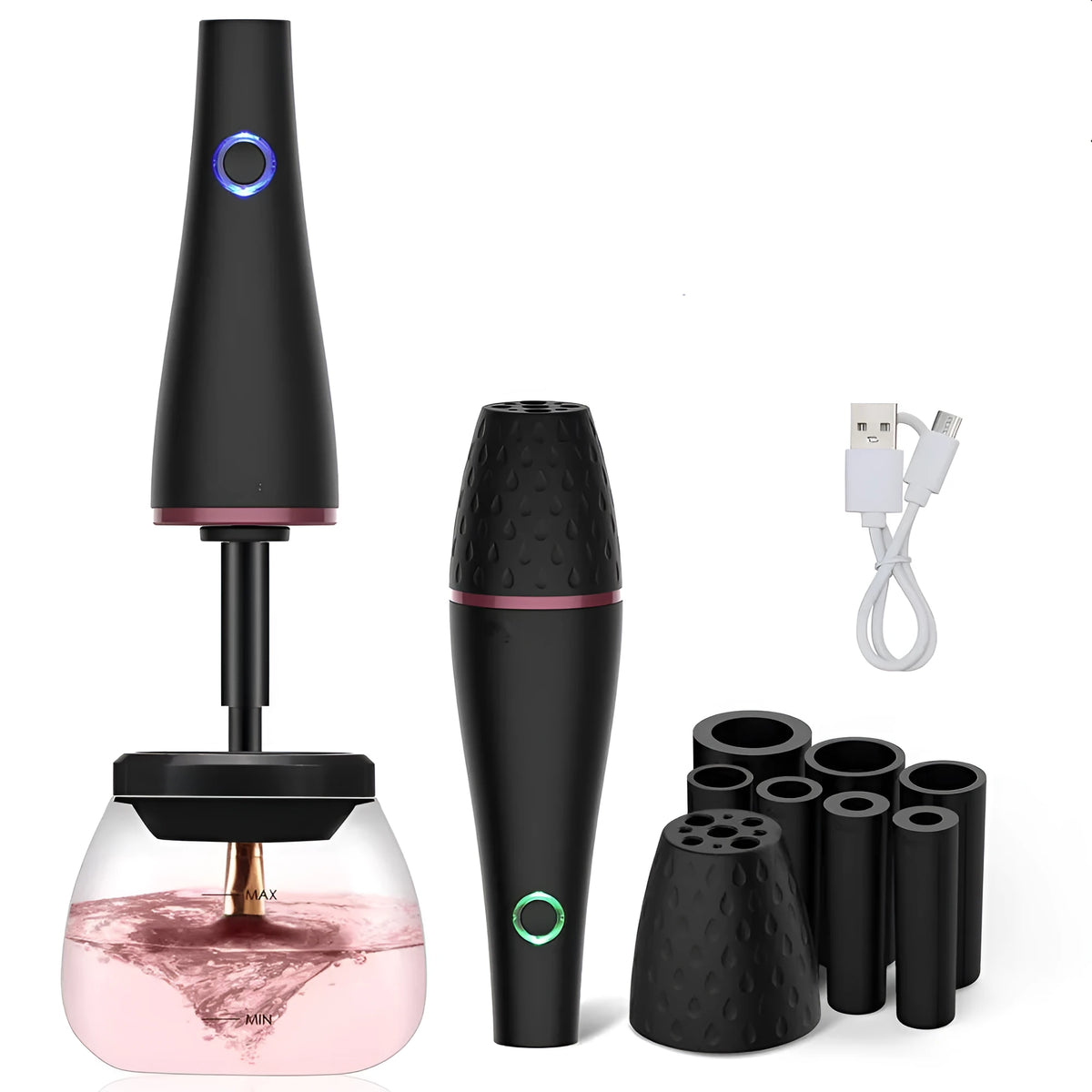 Black electric makeup brush cleaner with ABS body and charging power source.