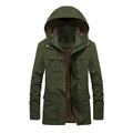 Men's thickened winter jacket with stand-up collar and zip front, loose fit casual coat in khaki, black, earthy yellow or military green
