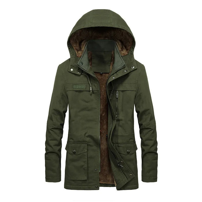 Men's thickened winter jacket with stand-up collar and zip front, loose fit casual coat in khaki, black, earthy yellow or military green