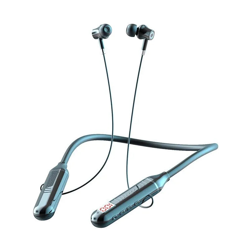 Wireless Bluetooth sports headset with neck hanging design and power display showing battery capacity