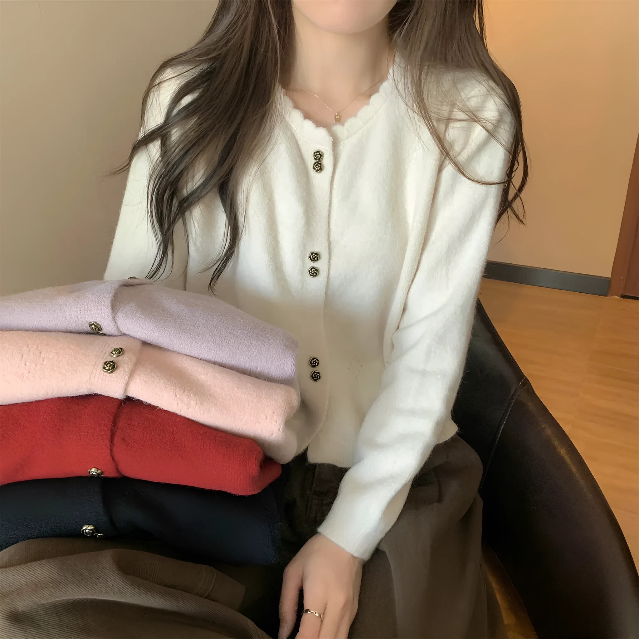 Women's long-sleeved acrylic cardigan coat in milky white colour, regular fit.
