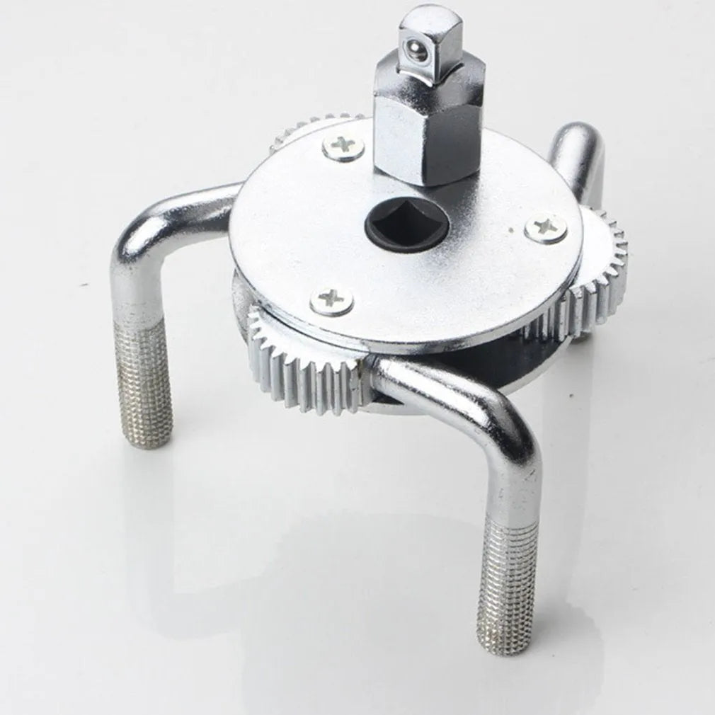 Round three-jaw oil filter wrench with frosted surface treatment and metric system listing, silver colour option