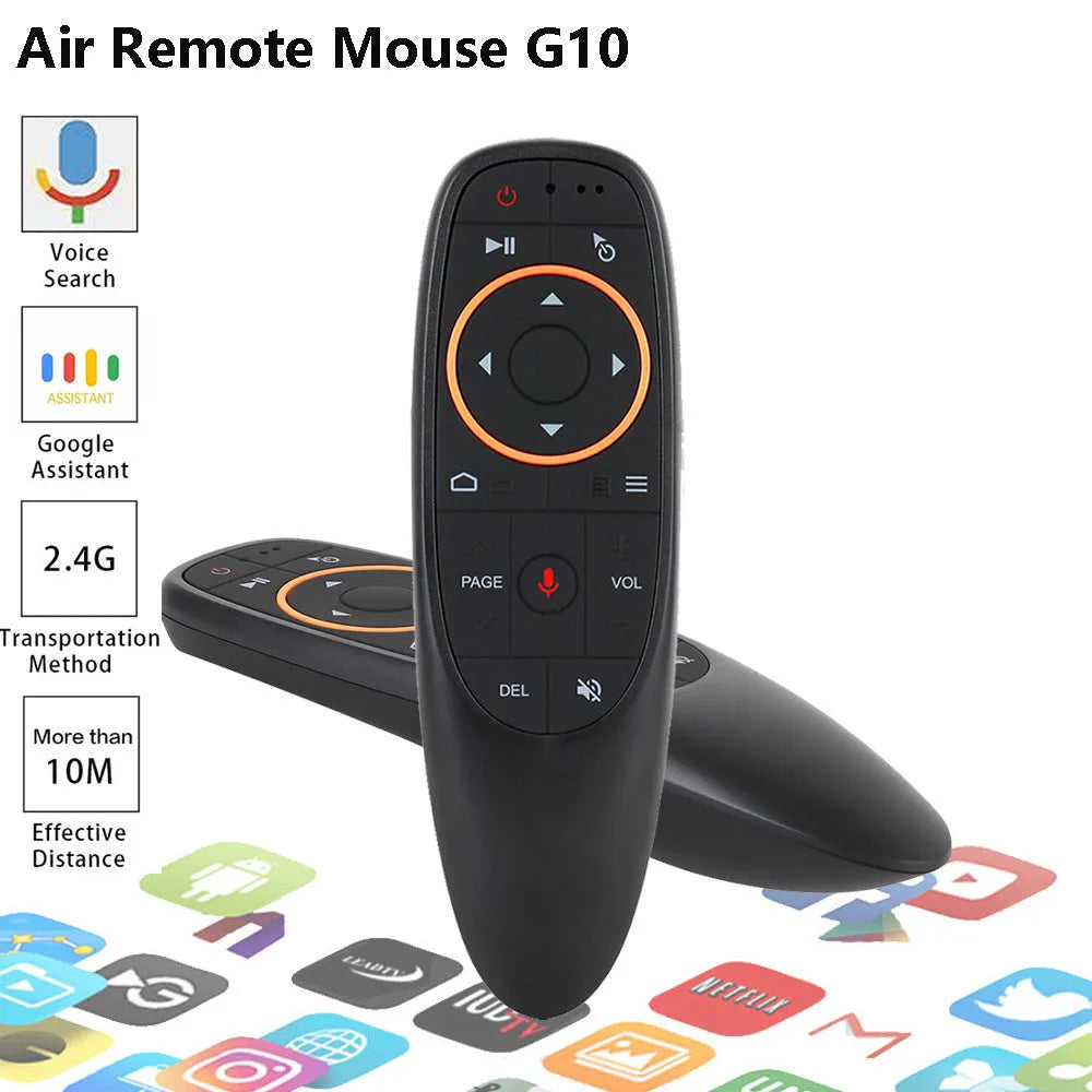 G10 G10S voice remote control with black plastic shell and silicone buttons for Android TV