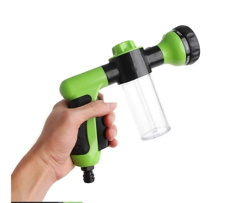 Green high-pressure foam spray gun with adjustable nozzle for car washing and garden cleaning