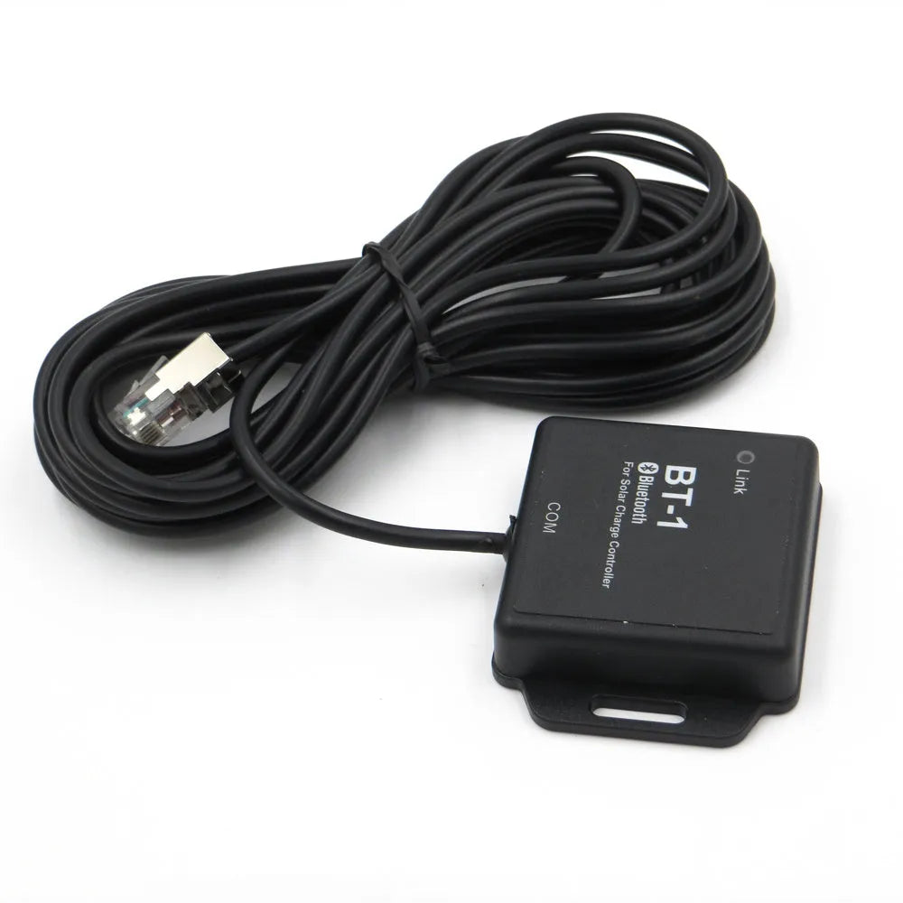 BT-1 model solar charge controller with Bluetooth module for 12V 24V battery systems.