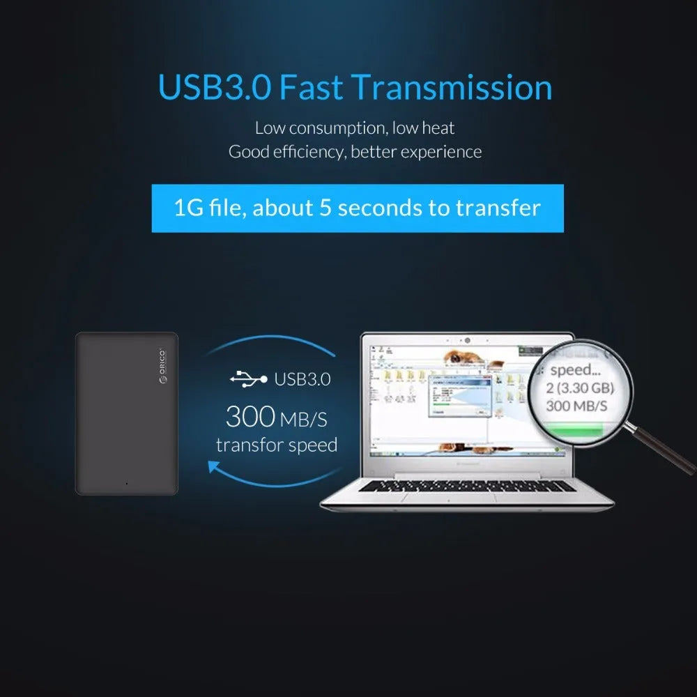 ORICO 2577U3 black ABS 2.5 inch SATA HDD SSD enclosure with USB 3.0 Micro B and SATA 3.0, 126.5 x 80 x 15mm