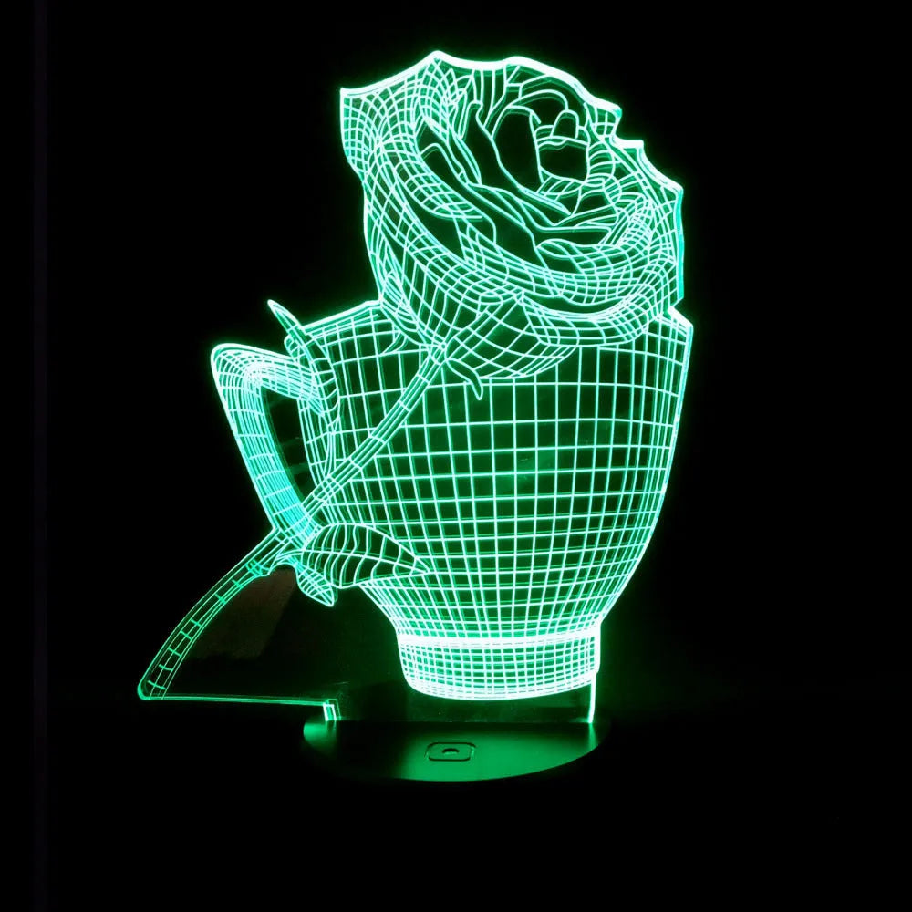 3D acrylic rose flower night light with remote control on a table, displaying purple light.