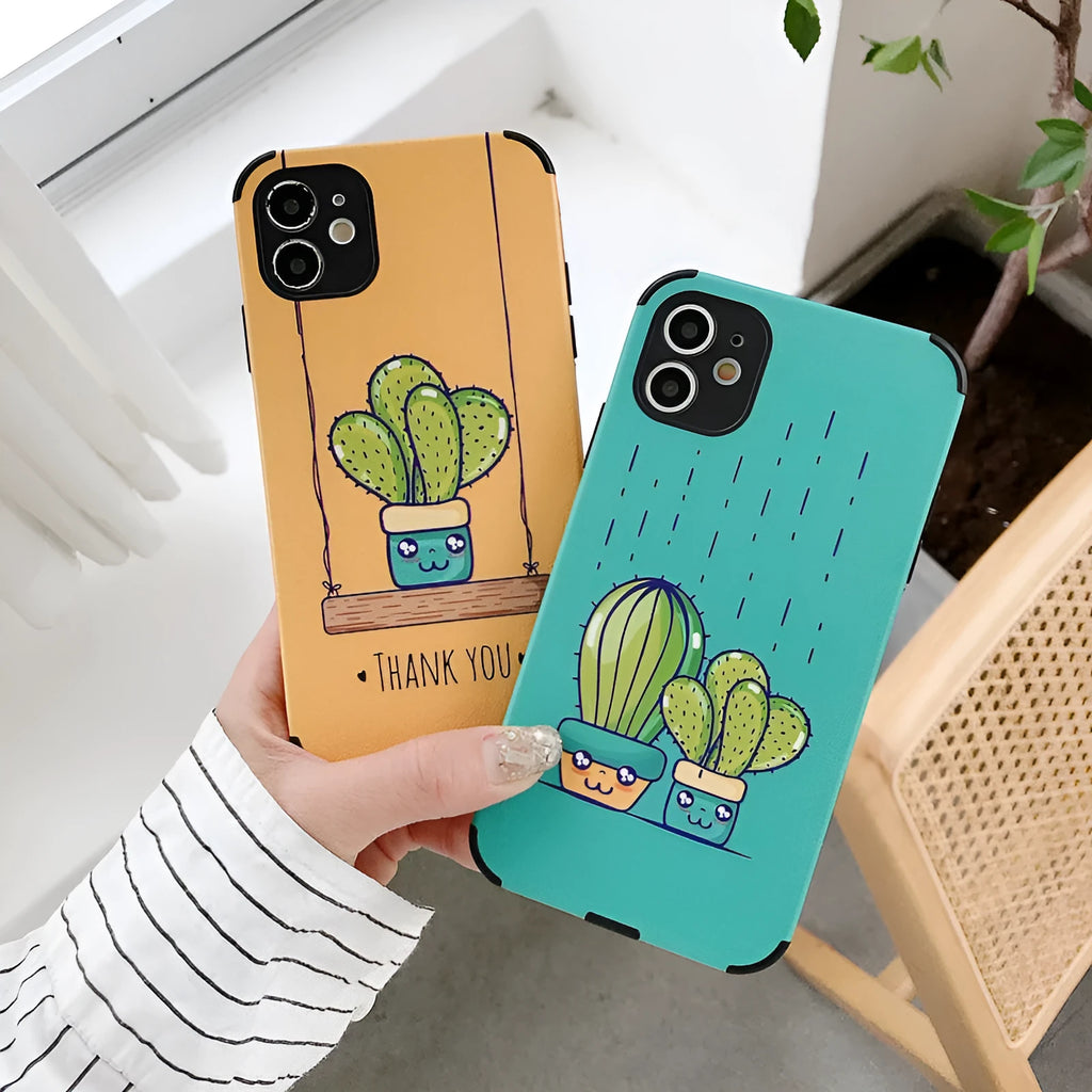 Cactus embossed iPhone case in blue with TPU and leather back cover, cartoon style.