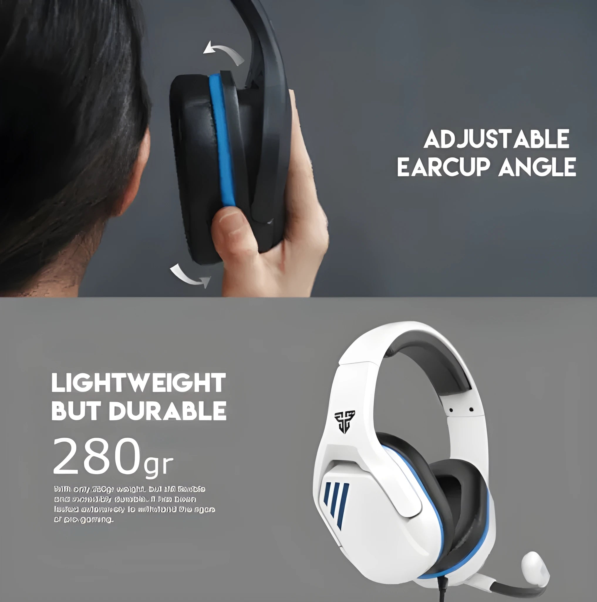 MH86 esports headwear with built-in USB wired headphones showing 50mm drivers and omnidirectional microphone
