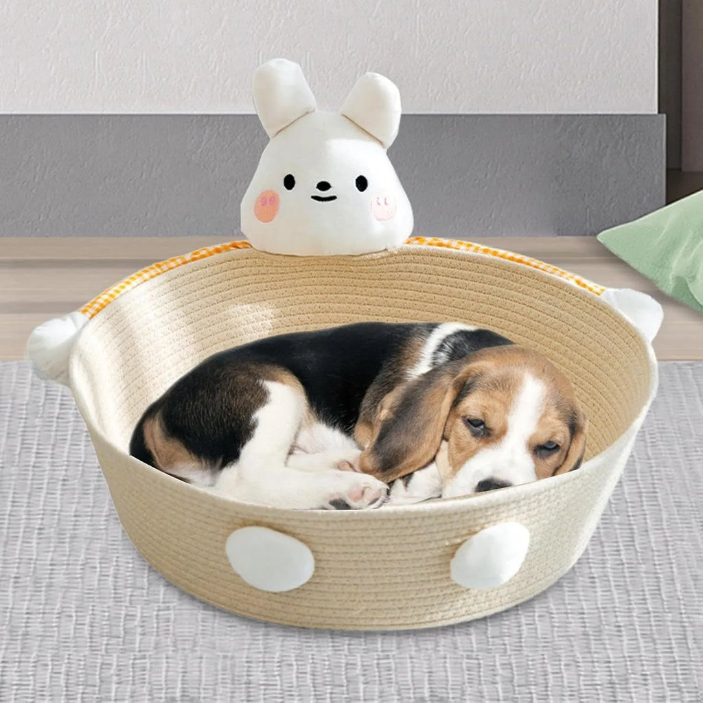 Cotton rope woven cat bed and scratching board in rabbit design showing basket shape with integrated scratching surface