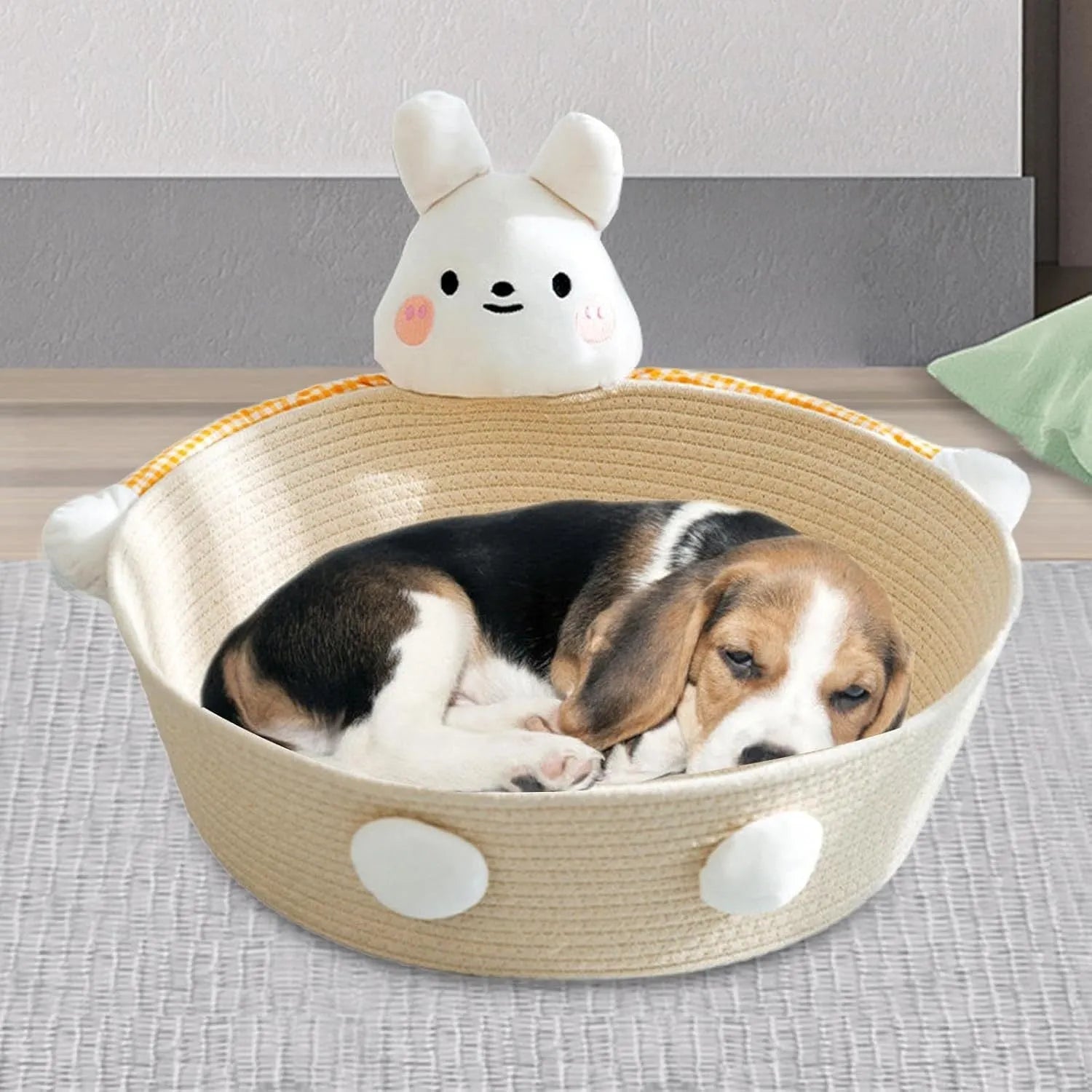 Cotton rope woven cat bed and scratching board in rabbit design showing basket shape with integrated scratching surface