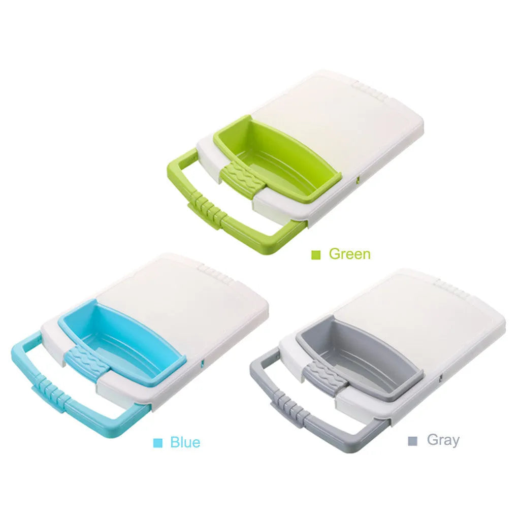 Multi-function kitchen drain cutting board in green, blue or grey, 48x8.7x25cm, with sink basket and storage trough.