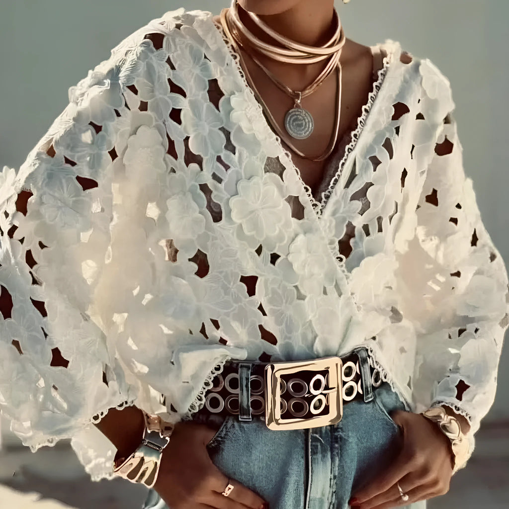 Women's lace V-neck cardigan with three-dimensional floral sleeves in loose fit street fashion style