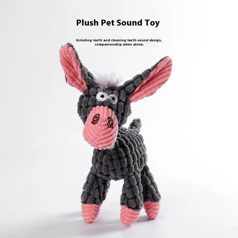 Bite-resistant plush dog toy in styles like blue elephant, rechargeable duck, and donkey.