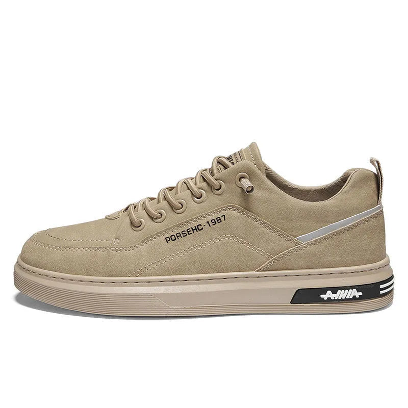 Men's khaki low-top casual shoes with a waterproof PU upper and textured rubber sole.